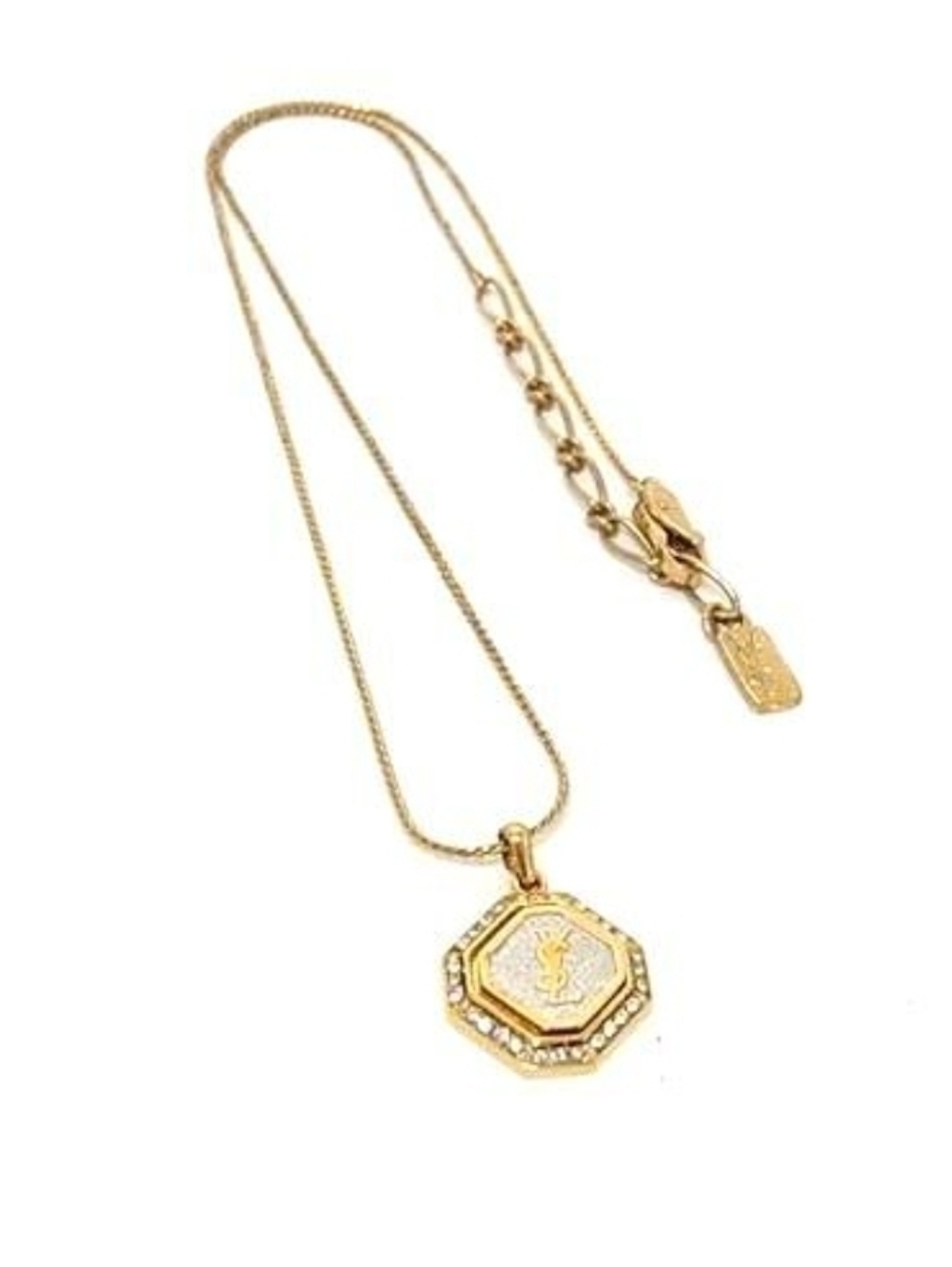 Yves Saint Laurent "YSL" Gold Octagon Pendant Necklace with Crystal Accents